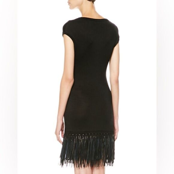 Ralph Lauren Black Lamb Leather-Fringe Silk Knit Sheath Dress - Picture 15 of 16